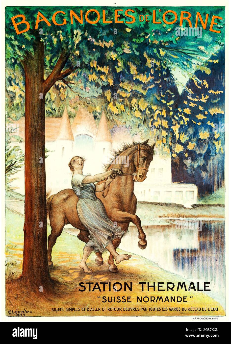 Vintage poster. Bagnoles de L'Orne. Station Thermale 'Suisse Normande'. Vintage French travel poster advertising. France 1922. Artist: C. Leandre. Stock Photo