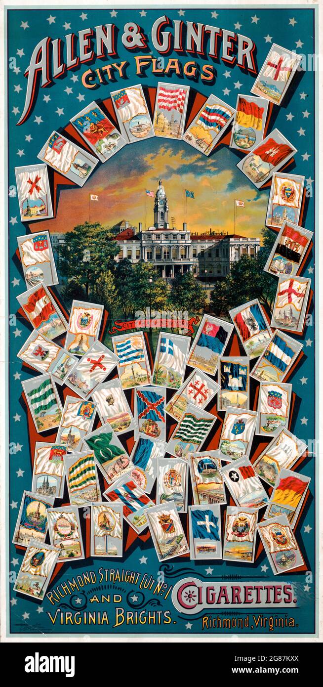 Allen & Ginter, city flags. City Hall New York – 1888 – Cigarettes advertising. Richmond Straight Cut and Virginia Brights. Stock Photo