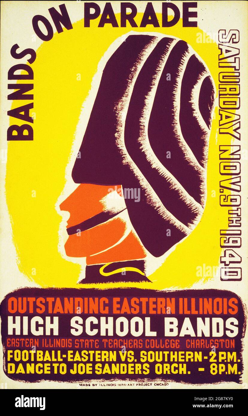 Vintage advertisement. Bands on parade outstanding eastern Illinois high school bands. Football-Eastern vs. Southern. Dance to Joe Sanders Orch. 1940. Stock Photo