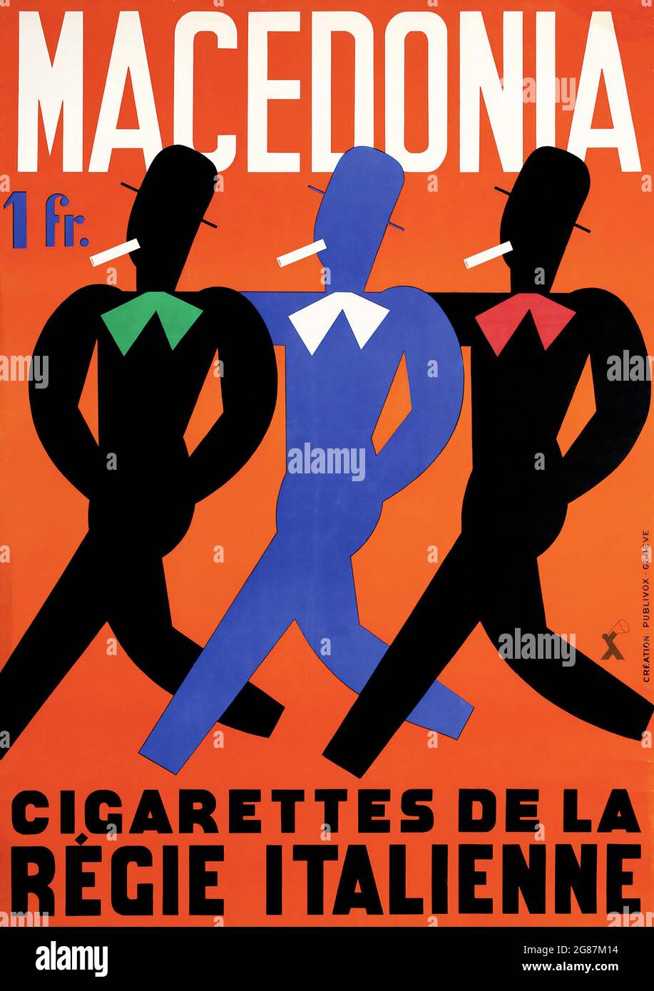 1930s Macedonia Swiss Cigarette Poster – Vintage advertisement. Classic poster / ad for cigarettes. Cigarettes de la Régie Italienne. Stock Photo