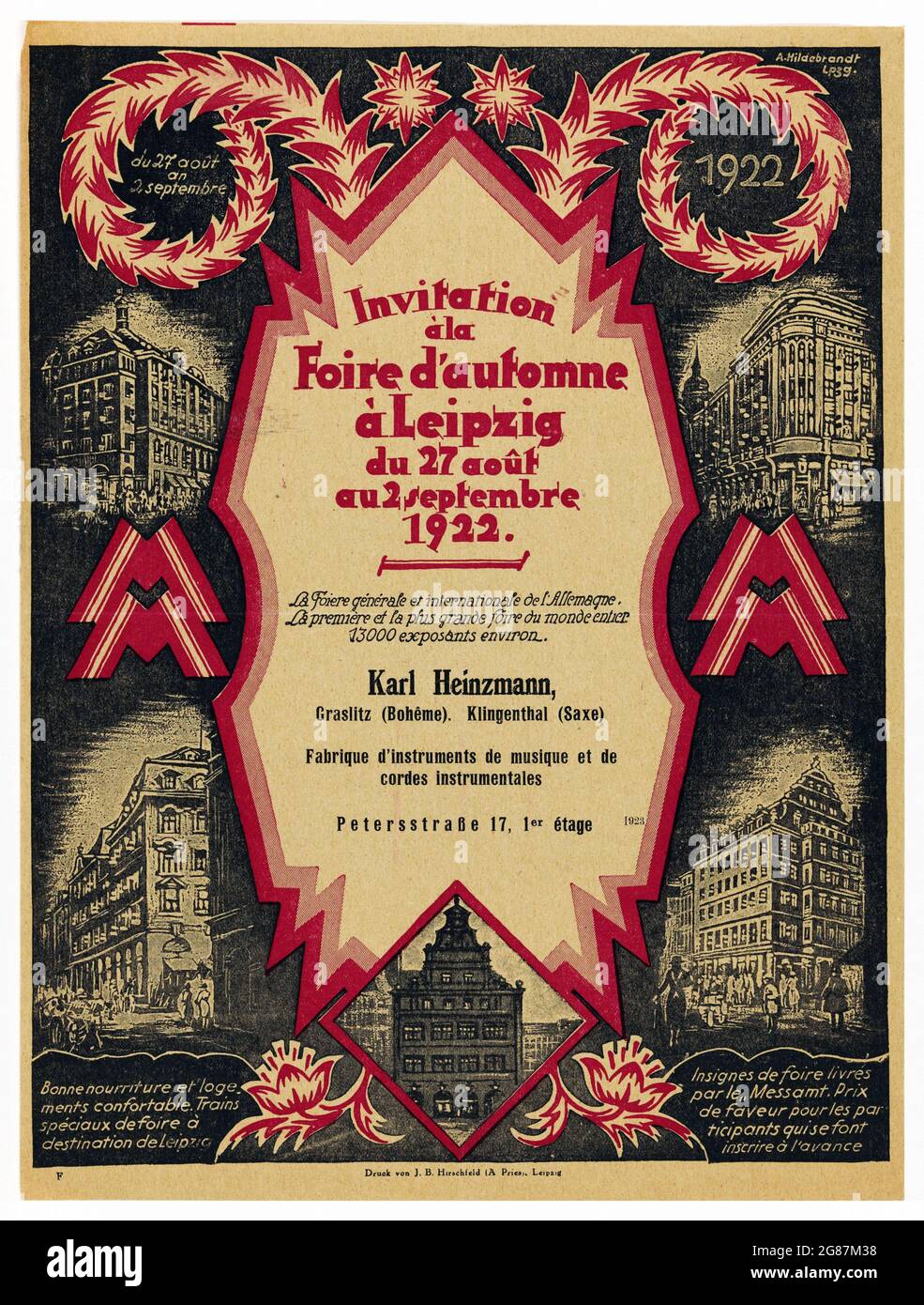 Uitnodiging van instrumentenmaker Karl Heinzmann voor de voorjaarsmarkt in Leipzig Invitation a la Foire d'automne. 1922. Old invitation. Stock Photo