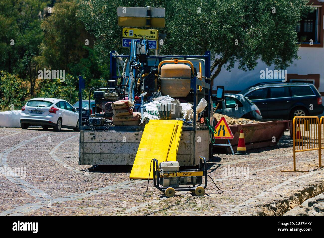 Carmona Spain July 15, 2021 Public works in the streets of Carmona to
