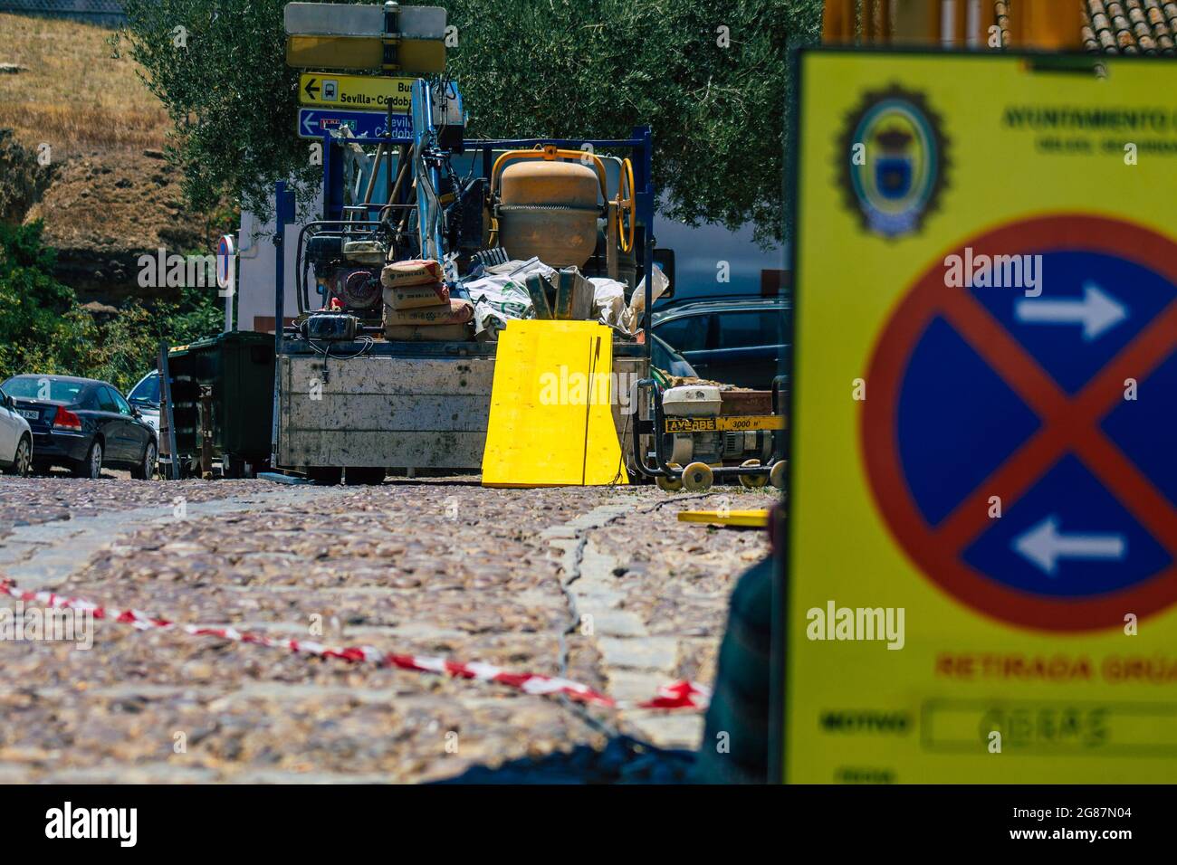 Carmona Spain July 15, 2021 Public works in the streets of Carmona to