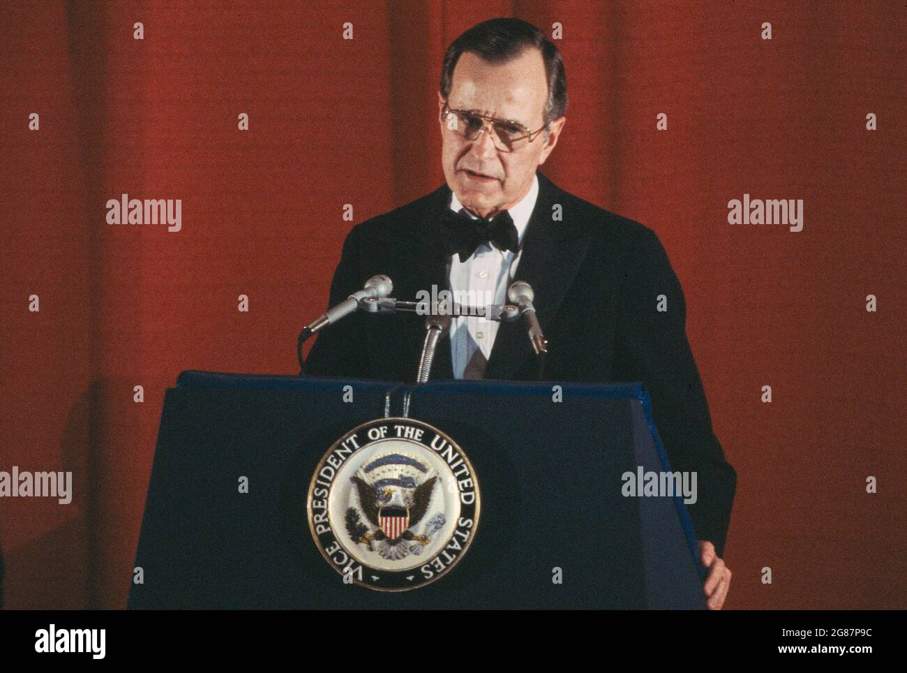 U.S. Vice President George H.W. Bush, Half-Length Portrait during Speech, Bernard Gotfryd, March 1982 Stock Photo
