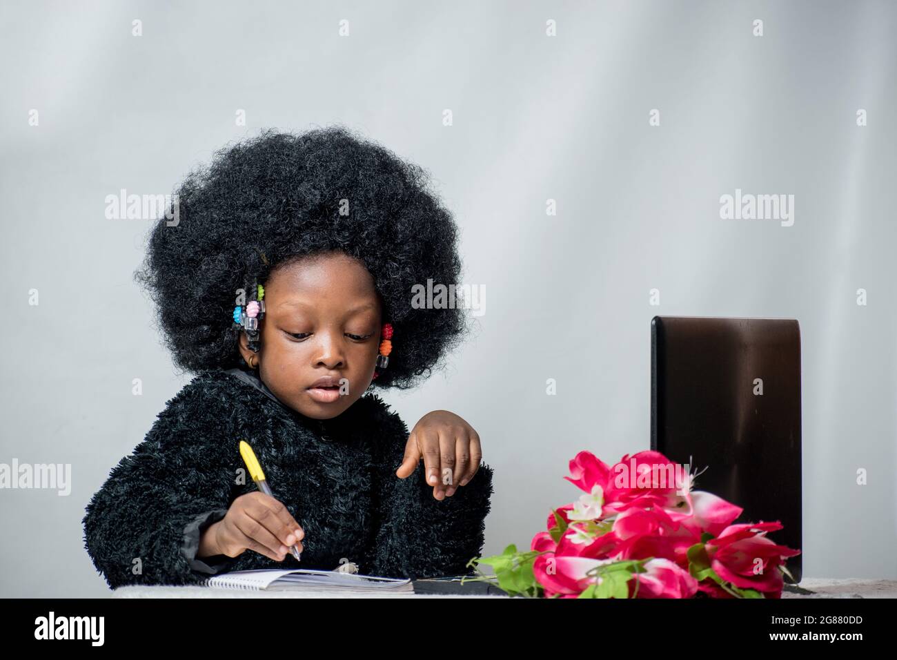 African girl child with afro hair, writing with a pen, studying and  researching for excellence in her education with a laptop, flower on her  table Stock Photo - Alamy
