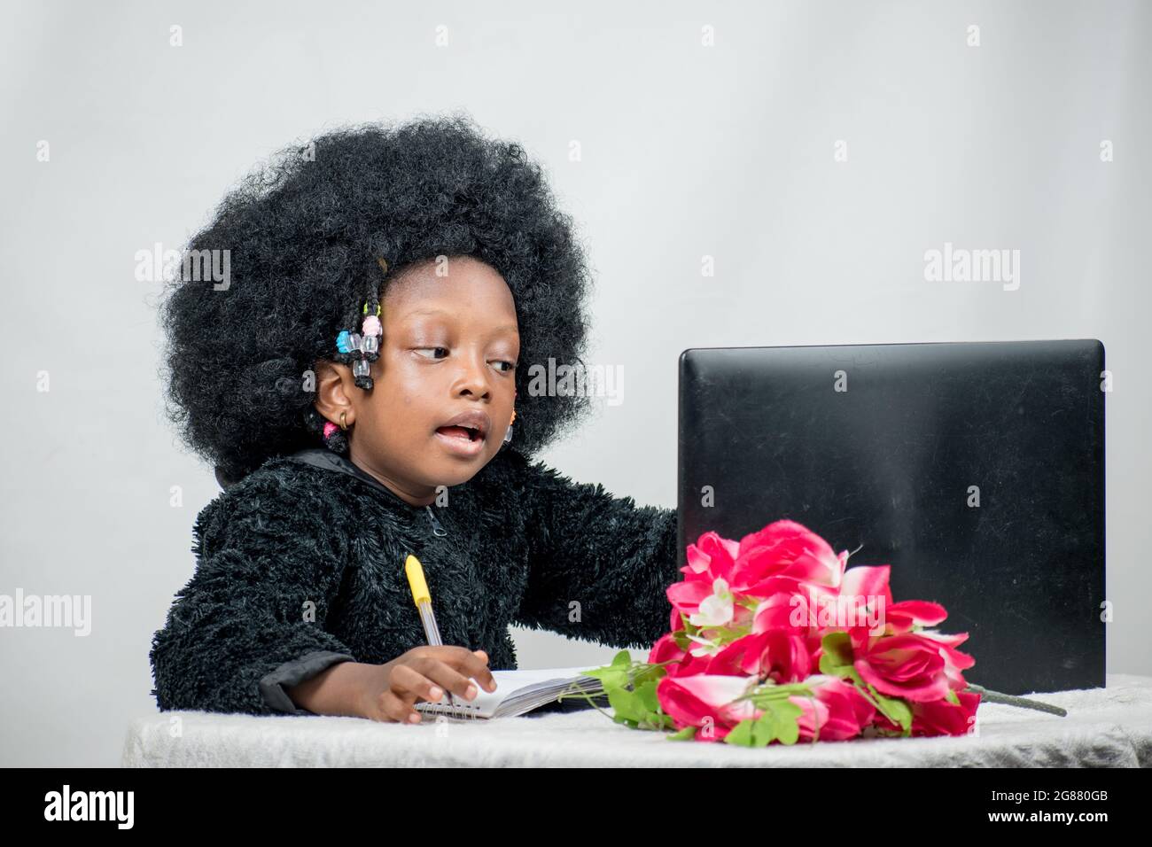 African girl child with afro hair, writing with a pen, studying and  researching for excellence in her education with a laptop, flower on her  table Stock Photo - Alamy