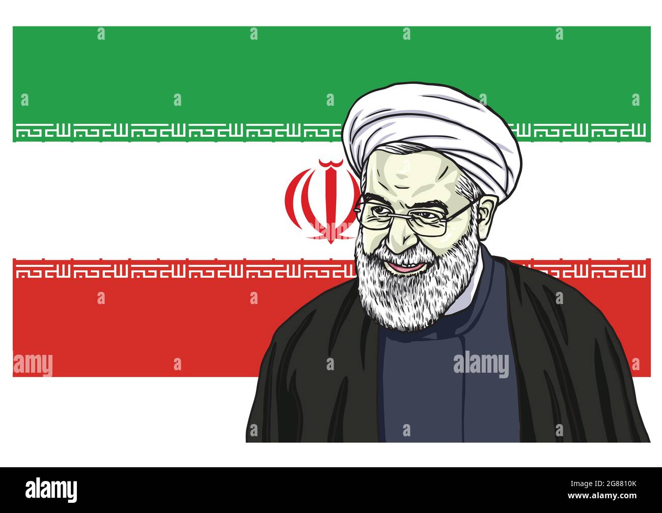 Hassan Rouhani Vector Portrait Drawing Cartoon Caricature Illustration with Flag of Iran Stock Vector