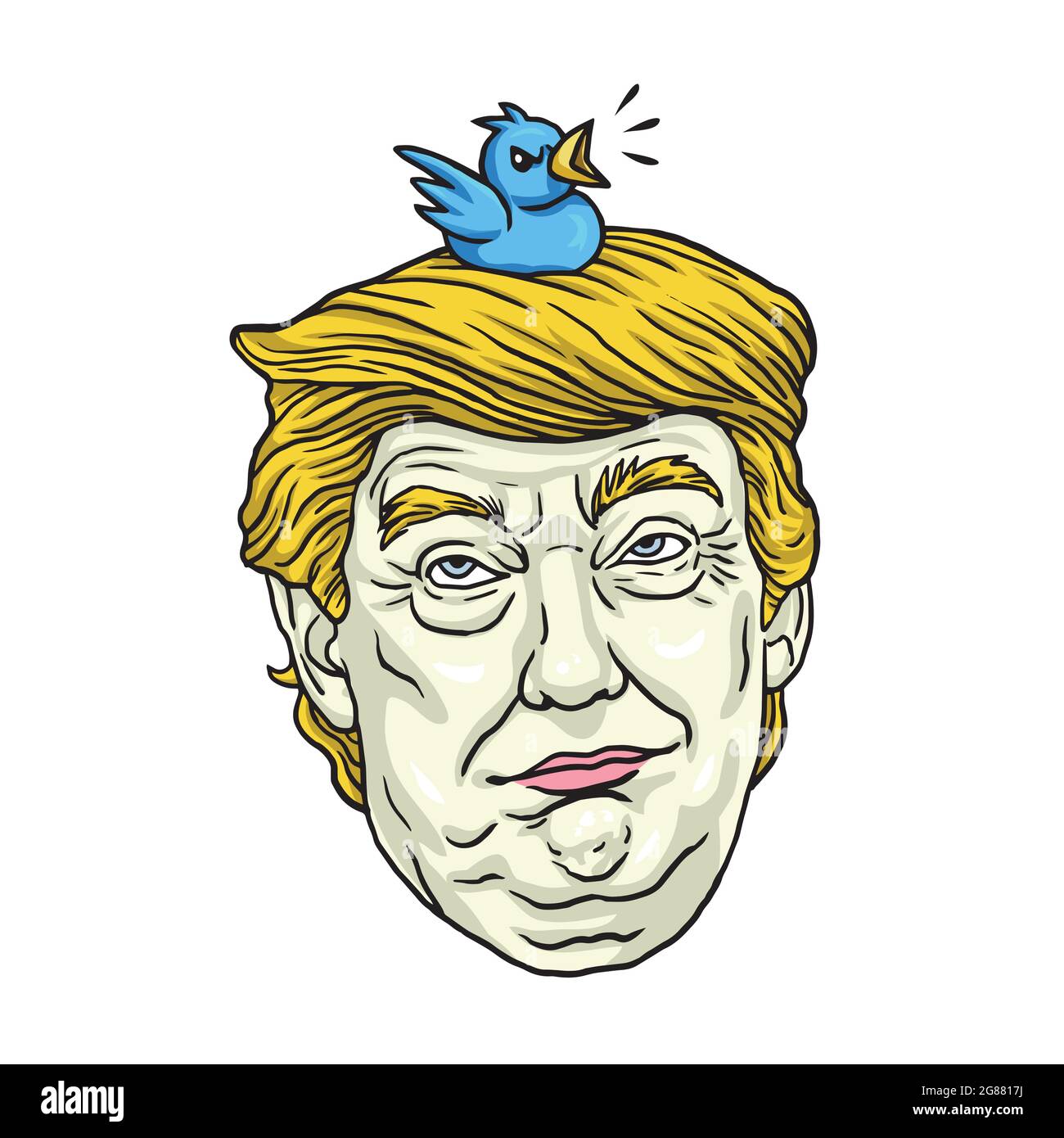 Donald Trump with His Pet Twitter Bird. Cartoon Caricature Portrait Illustration Vector Stock Vector
