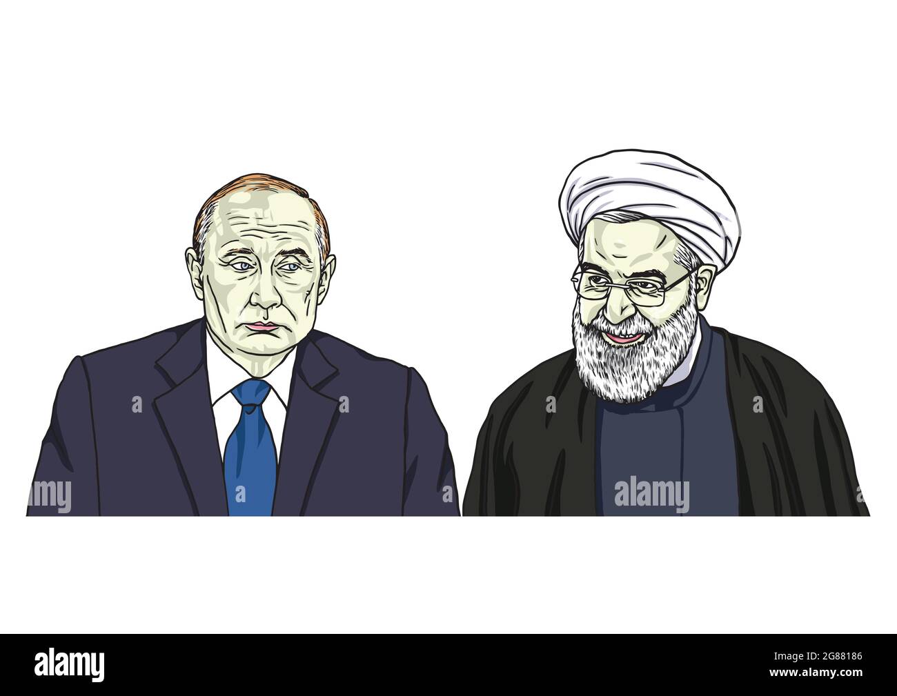 Vladimir Putin with Hassan Rouhani. Vector Portrait Caricature Cartoon Illustration Stock Vector
