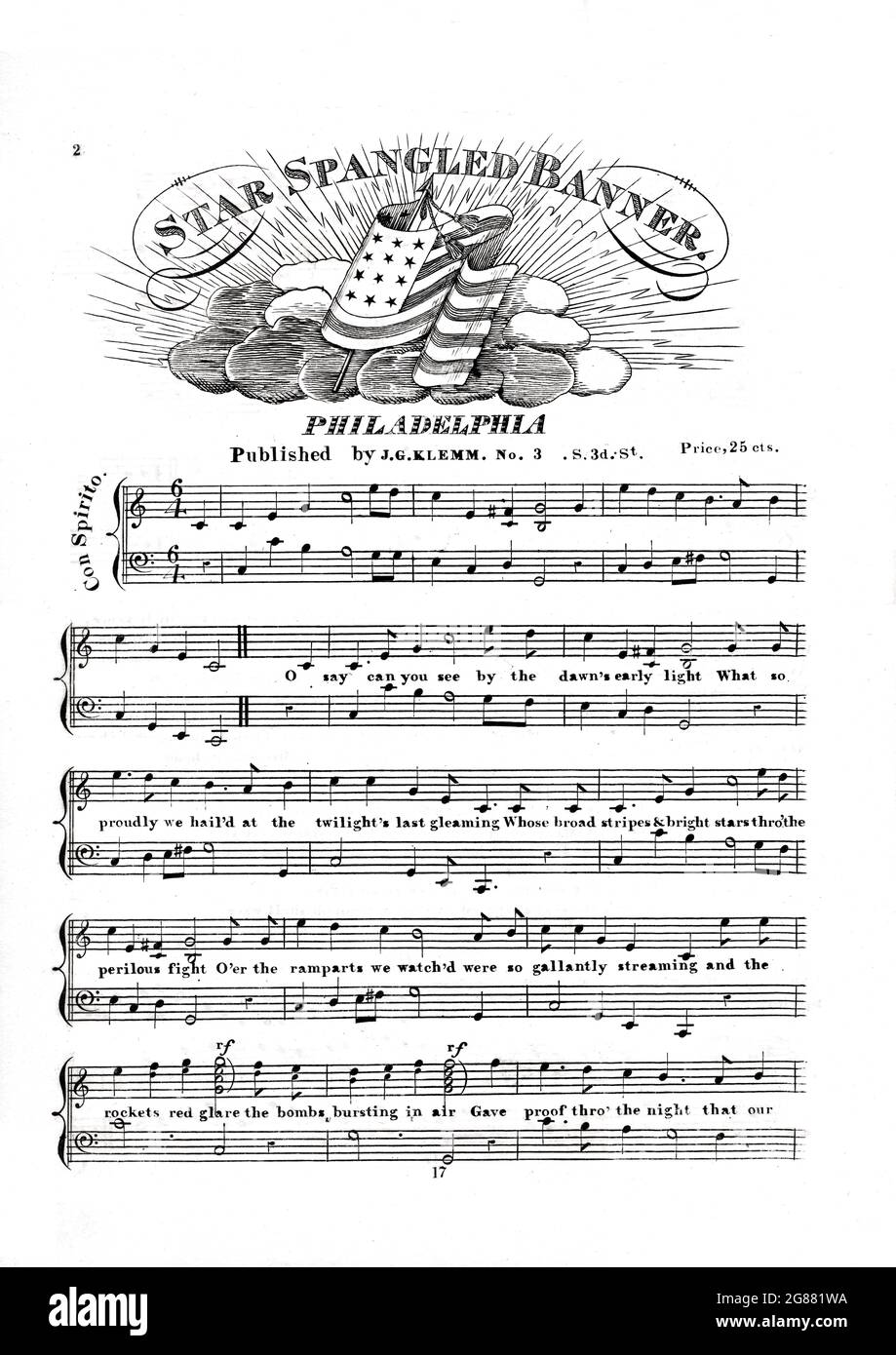 Star Spangled Banner, 1814 sheet music. 1st Illustrated music for our future national anthem during the War of 1812 by Francis Scott Key.. Stock Photo