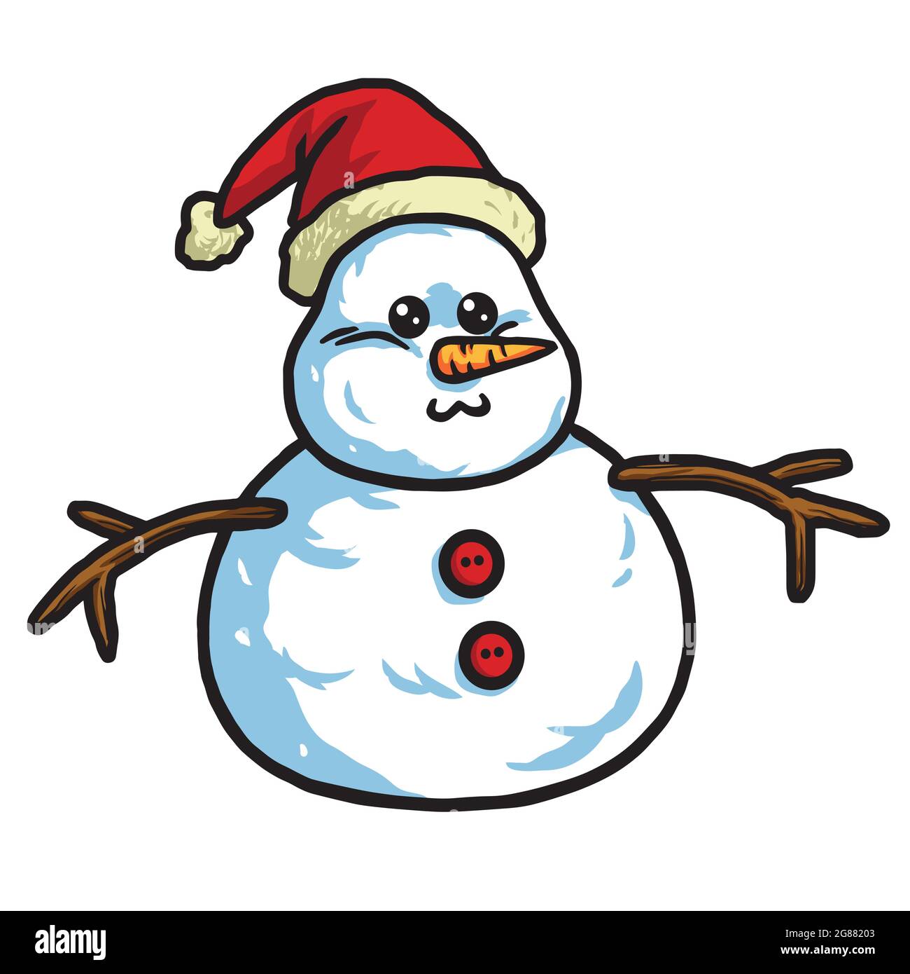Cute Snowman Wearing Santa Hat. Vector 