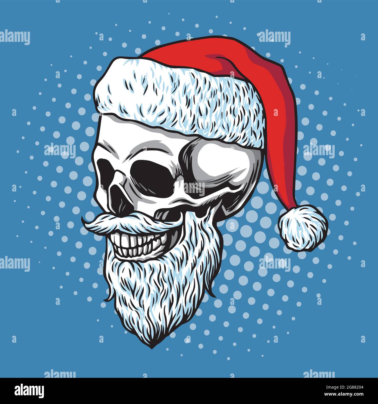 Santa Claus Skull Bearded. Cartoon Vector Hand Drawn Illustration Stock Vector