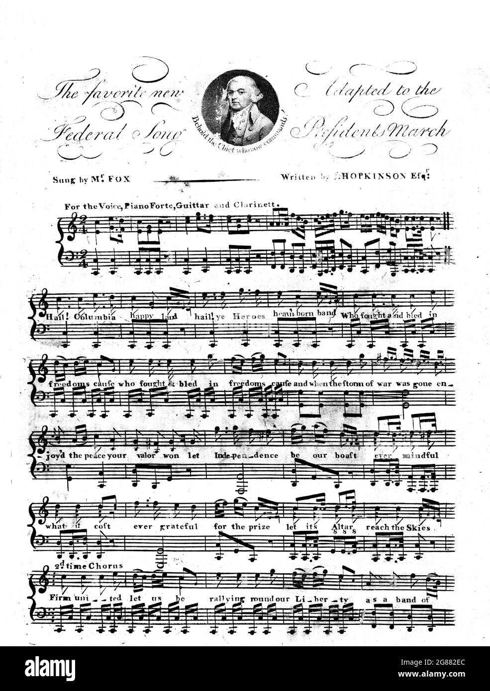 The New Federal Song (Hail Columbia), 1798 sheet music/ 1st Edition featuring an attached engraving of President John Adams. Stock Photo