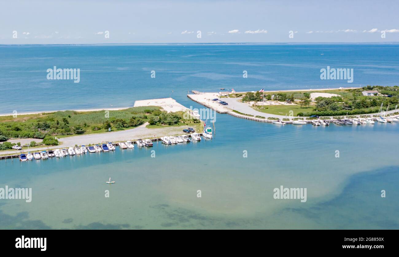 aerial view of Lion Head Beach Association and Clearwater Beach, East Hampton, NY Stock Photo