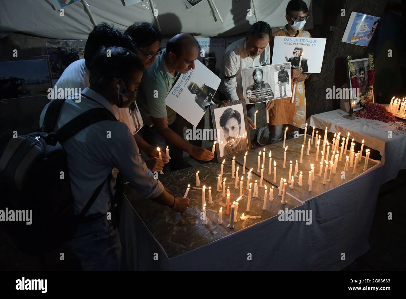 New Delhi, India. 17th July, 2021. Candle light meeting in remembrance of Pulitzer Award winner Danish Siddique, India based photojournalist killed by Taliban forces during the war in Khandhar Afghanistan at Press Club of India in New Delhi. (Photo by Ishant Chauhan/Pacific Press/Sipa USA) Credit: Sipa USA/Alamy Live News Stock Photo