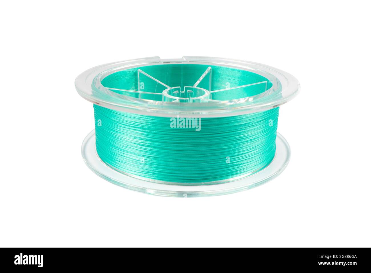 Fishing braided line isolated on white background. Spool of blue cord