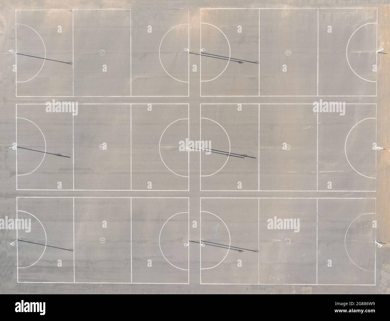 Aerial top down view of a six netball courts. Stock Photo
