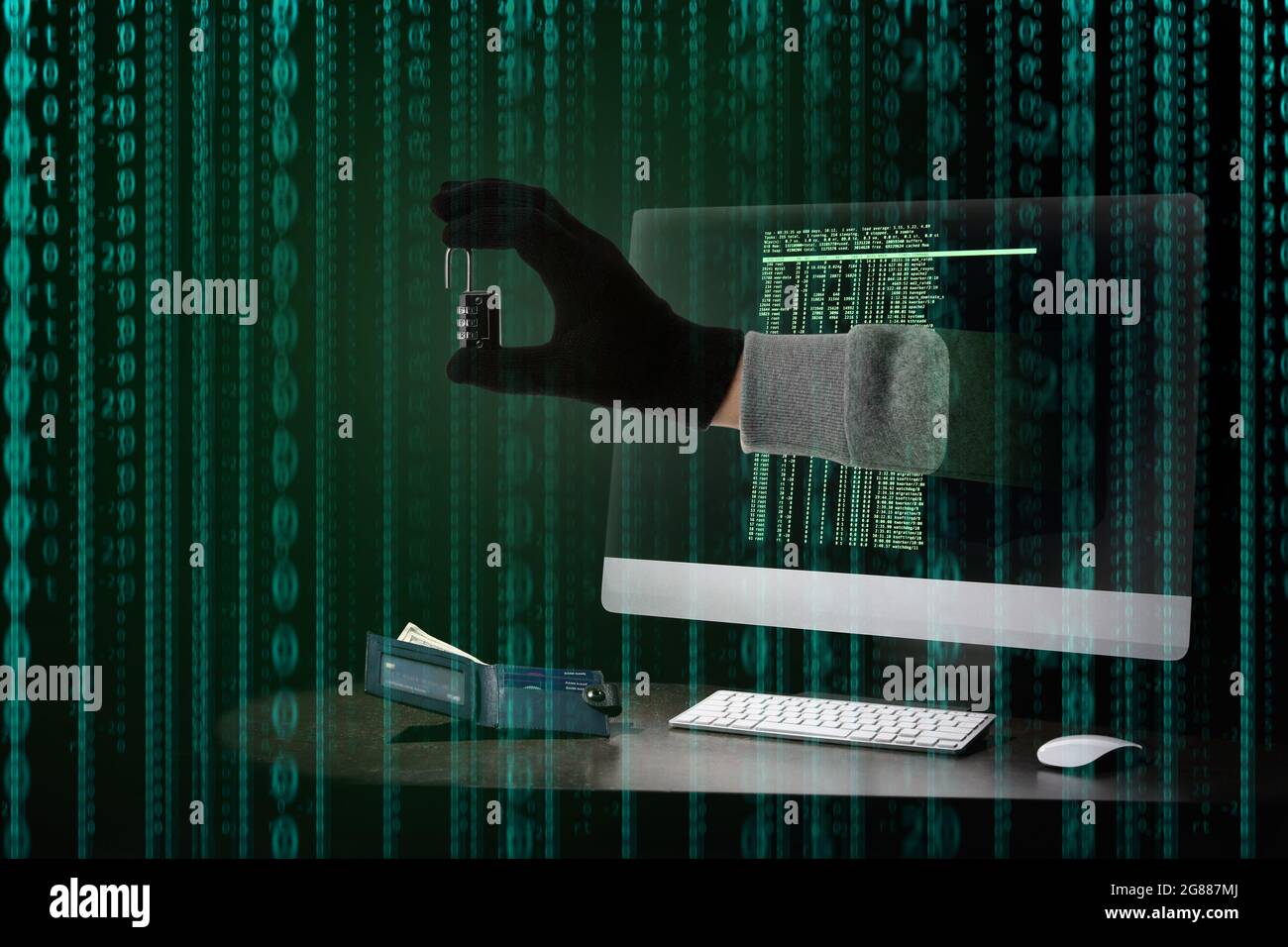 Hacker sticking hand with padlock out of computer screen against dark ...