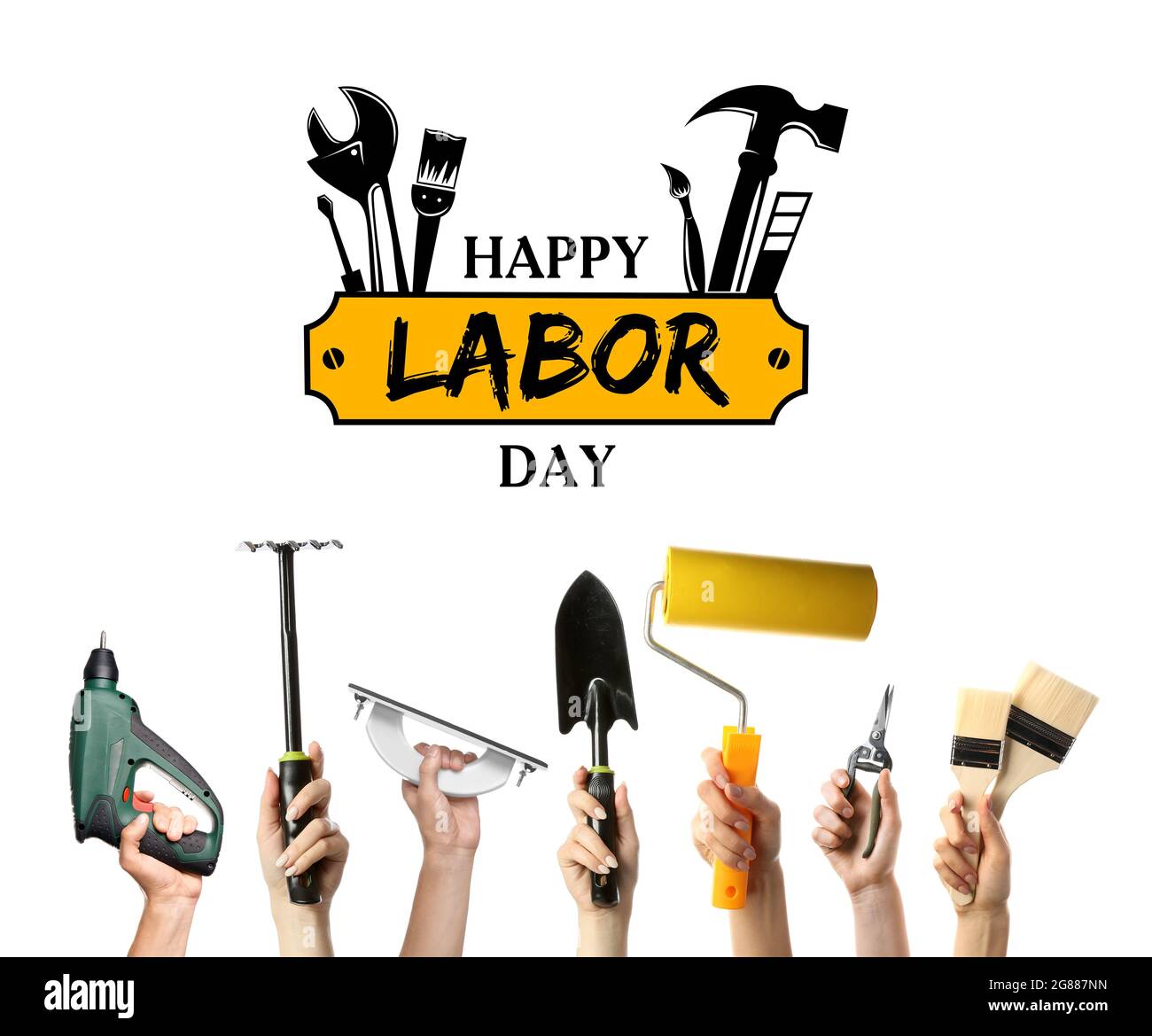 Hands of workers with different tools on white background with text