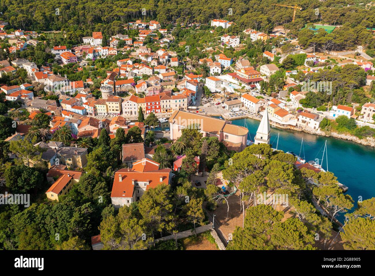Aerial view of Veli Losinj town in Losinj Island, the Adriatic Sea in Croatia Stock Photo