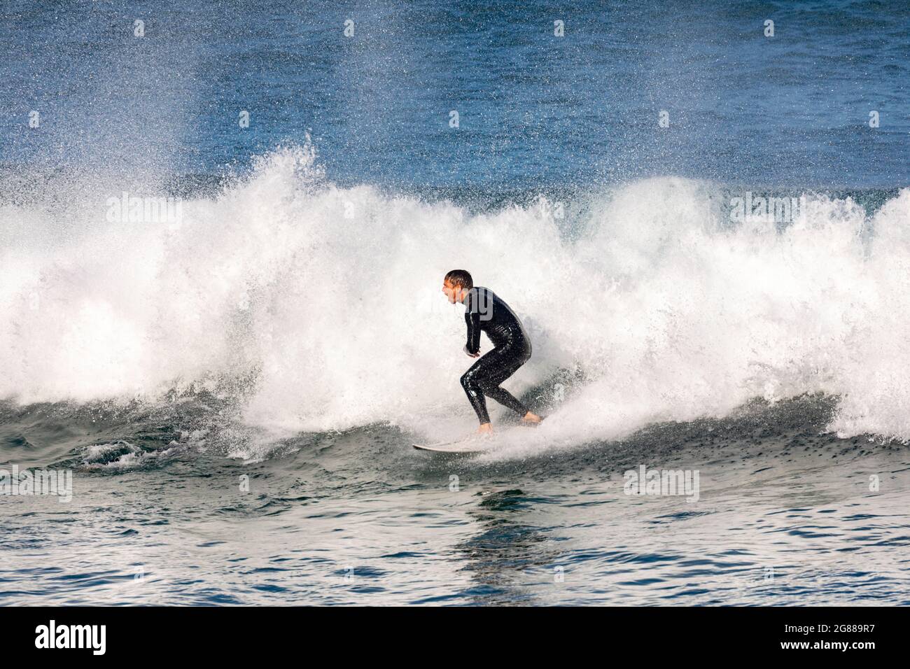 Australian man in wetsuit surfing the waves on his surfboard at Avalon