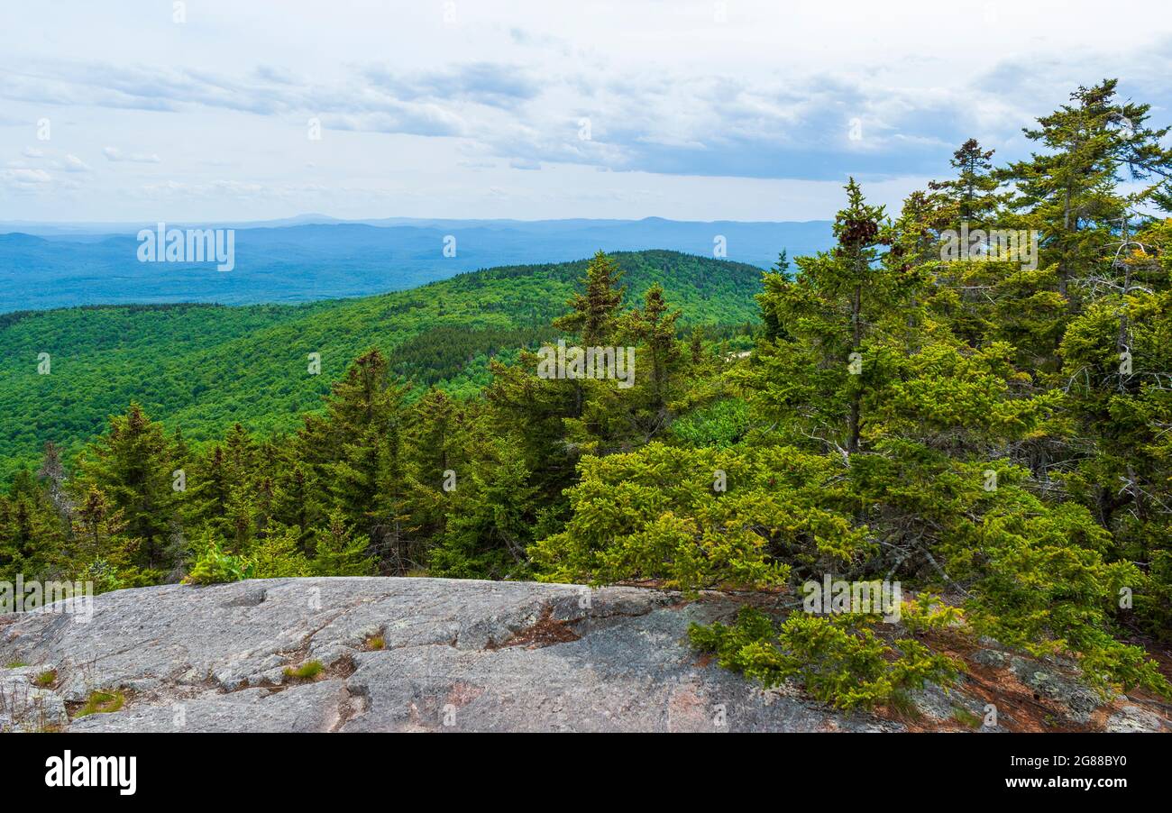 Southern view from Mount Kearsarge summit. Rocky granite outcrop and stunted spruce trees. Distant peaks and ridges. Rollins State Park, New Hampshire Stock Photo