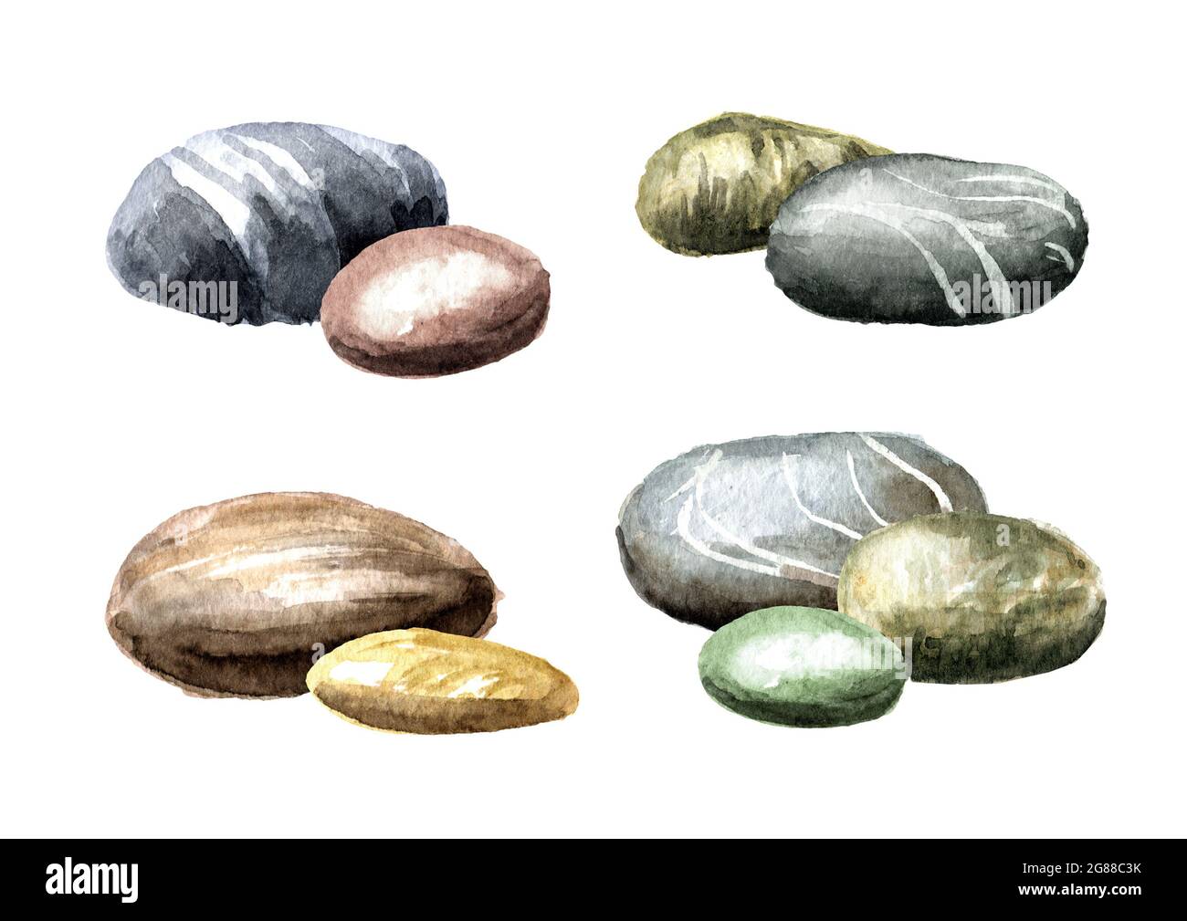 Colorful sea pebbles stones set. Hand drawn watercolor illustration ...