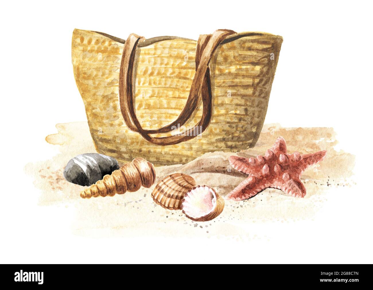 Wicker beach bag and Colorful seashells on the sand. Hand drawn ...