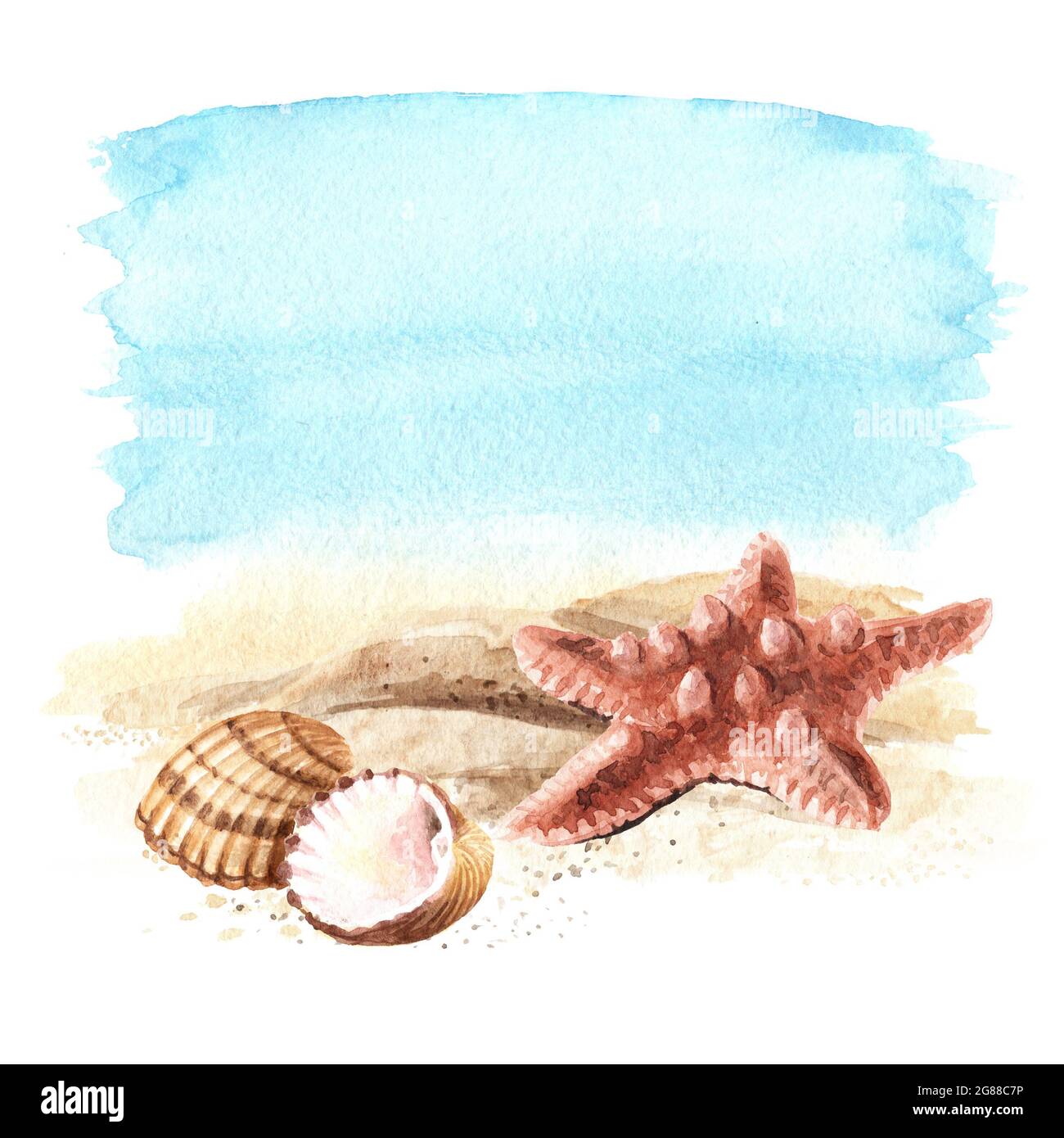 Starfish and seashells on the sand on the background of the sea with ...