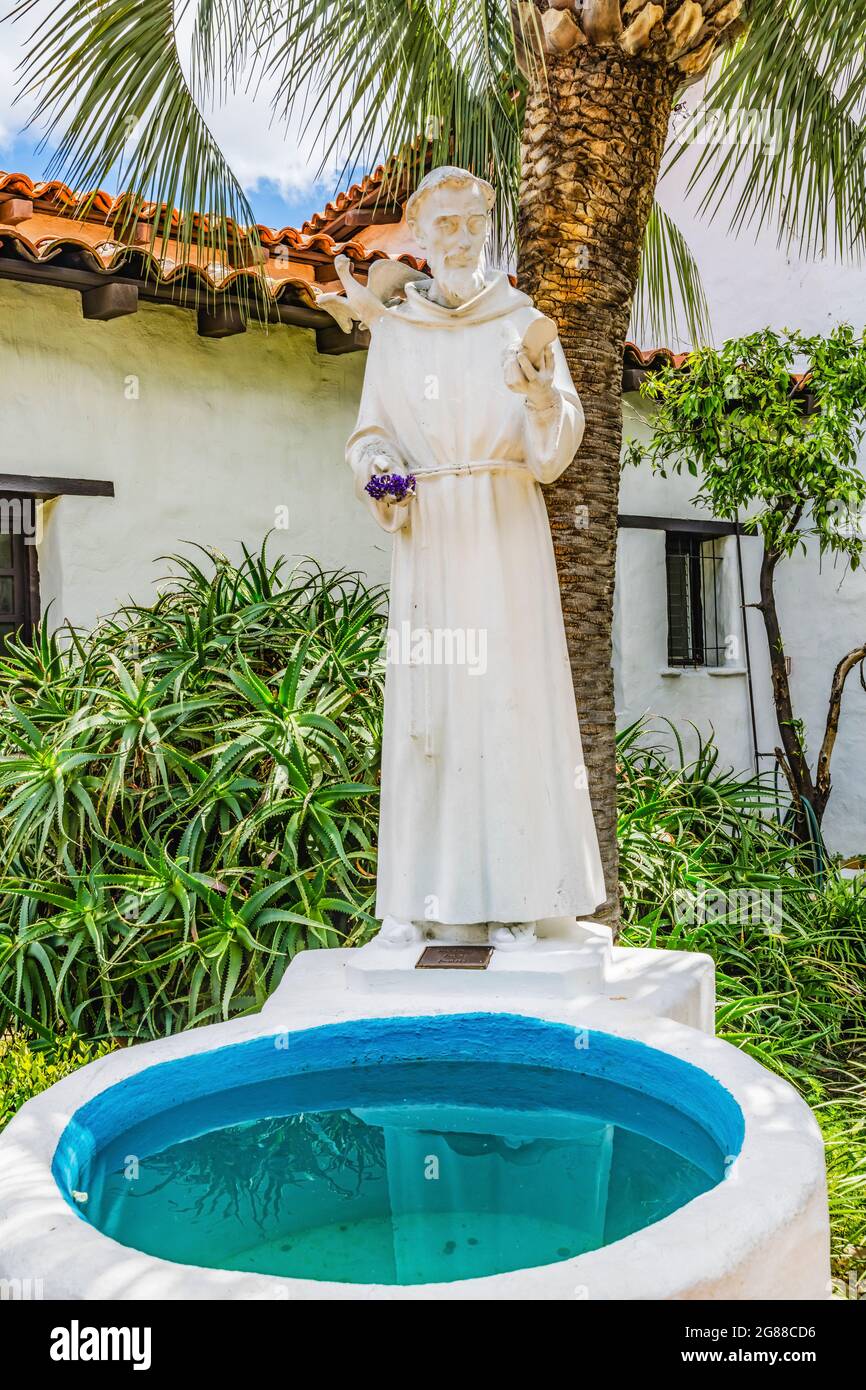 Junipero Serra Statue Blue Fountain Mission San Diego de Alcala California. Founded in 1769 by ...