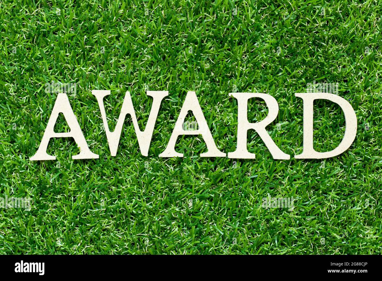Wood letter in word award on green grass background Stock Photo