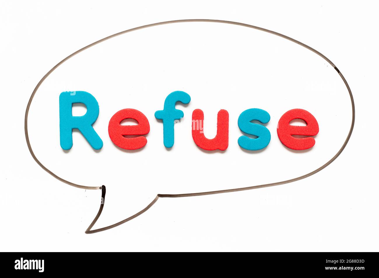 Alphabet letter with word refuse in black line hand drawing as bubble