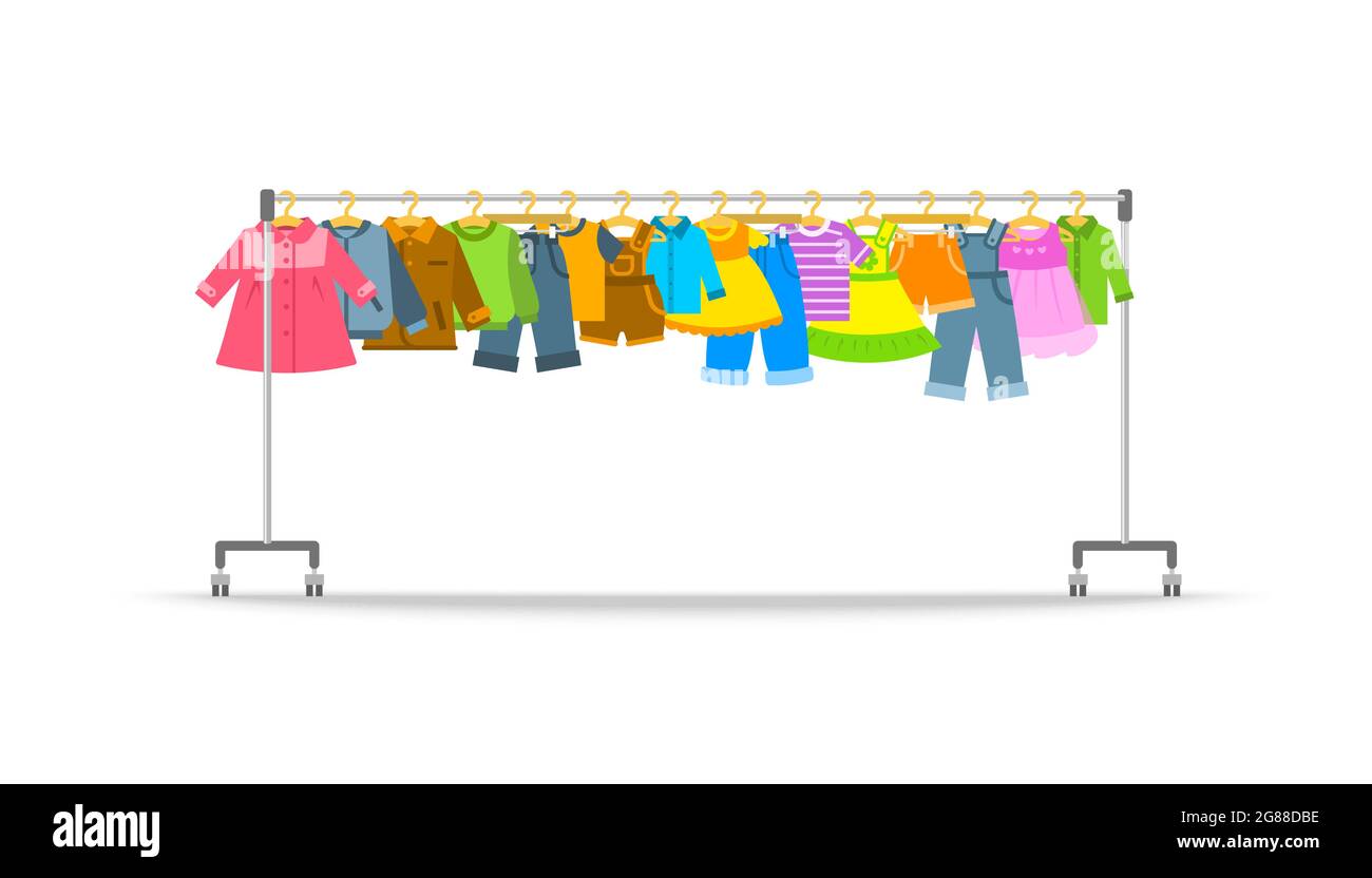https://c8.alamy.com/comp/2G88DBE/kids-clothes-on-long-rolling-hanger-rack-little-boys-and-girls-garments-hanging-on-store-hanger-stand-flat-cartoon-vector-illustration-graphic-elem-2G88DBE.jpg