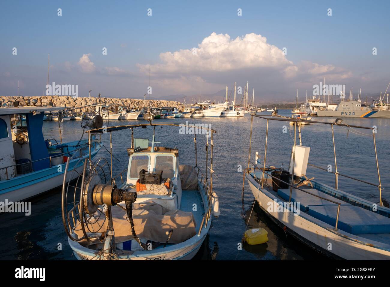 Fishing boats and tourist yachts at Latsi marina, Paphos Cyprus Stock Photo