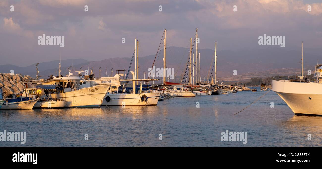 Fishing boats and tourist yachts at Latsi marina, Paphos Cyprus Stock Photo