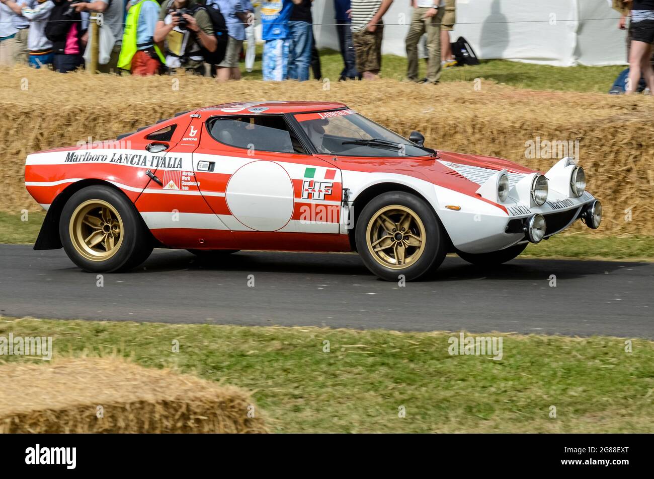 Lancia Stratos HF Group 4 racing car, rally car at the Goodwood Festival of Speed 2013, in Marlboro Lancia Italia sponsorship colours Stock Photo