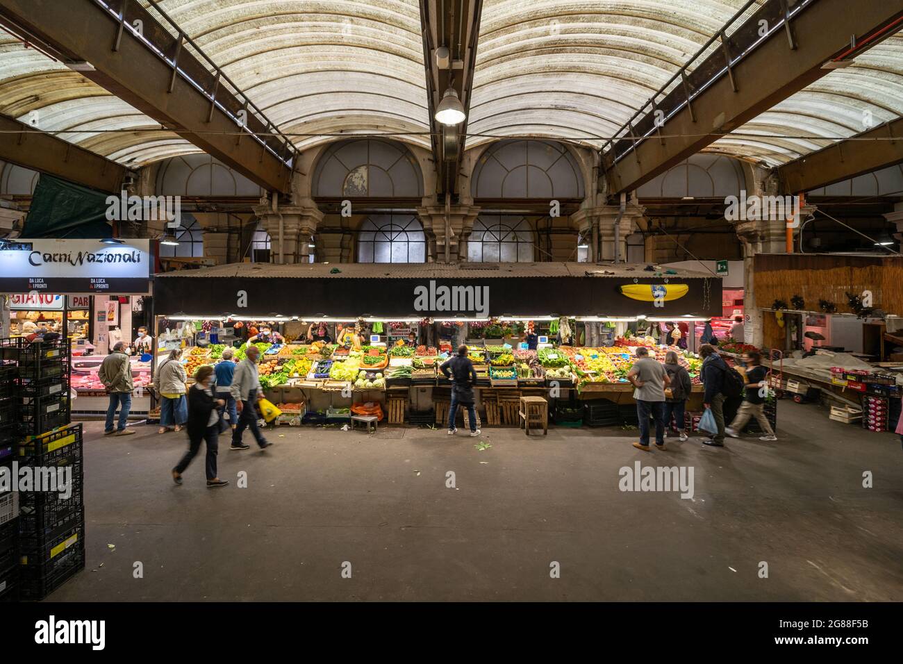 Genoa, Italy, historic centre; fruit stand the Mercato Orientale market hall; opened in 1899 and located on the central via XX Settembre Stock Photo