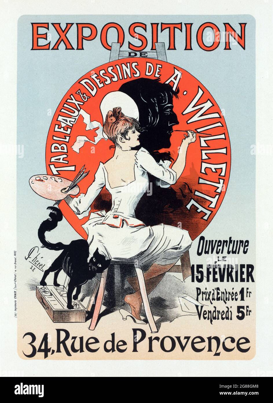 Exposition Tableaux & Dessins de A. Willette – La belle époque poster. 1888. Digitally enhanced. Woman painting. French advertising. Stock Photo