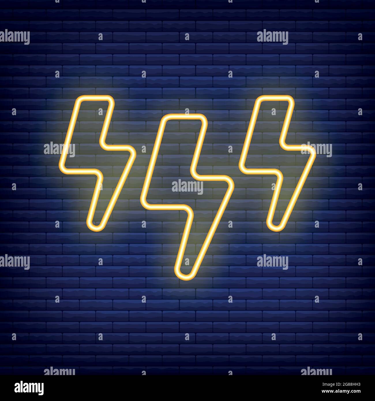 Lightning thunderstorm icon glow neon style, concept weather condition outline flat vector illustration, isolated on black. Brick background, web clim Stock Vector