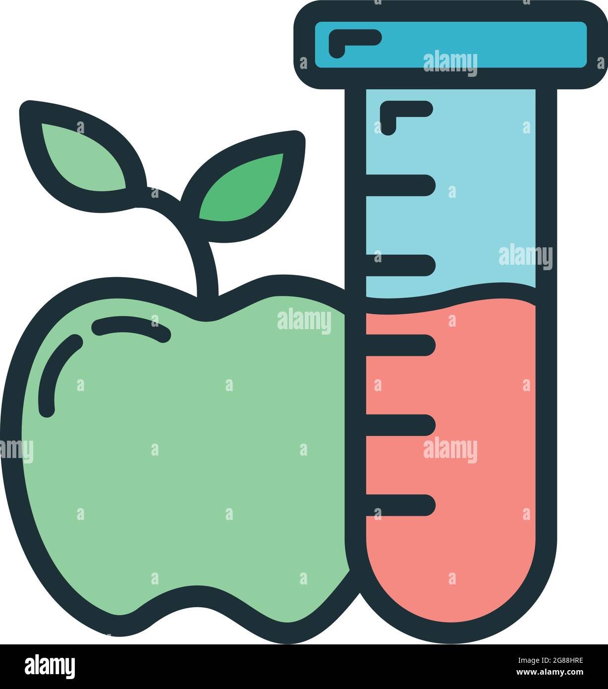 Scientific laboratory flask with apple icon, educational institution process, back to school color line flat vector illustration, isolated on white. C Stock Vector