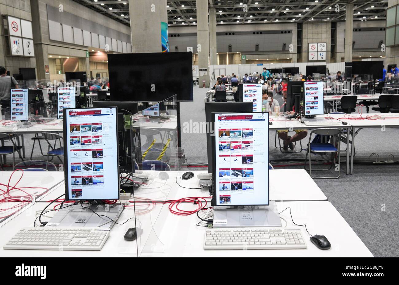 Tokyo, Japan. 18th July, 2021. Journalists work at the Main Press Center of Tokyo 2020 in Tokyo, Japan, July 18, 2021. Credit: Yang Lei/Xinhua/Alamy Live News Stock Photo