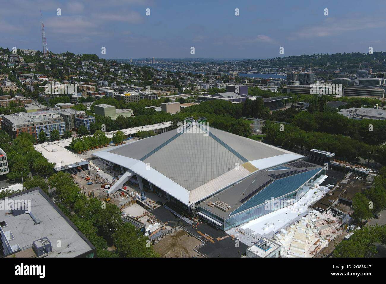 An aerial view of the Climate Pledge Arena renovation, Wednesday, July 14,  2021, in Seattle. The venue will be the home of the NHL Expansion team Seattle  Kraken that will begin play