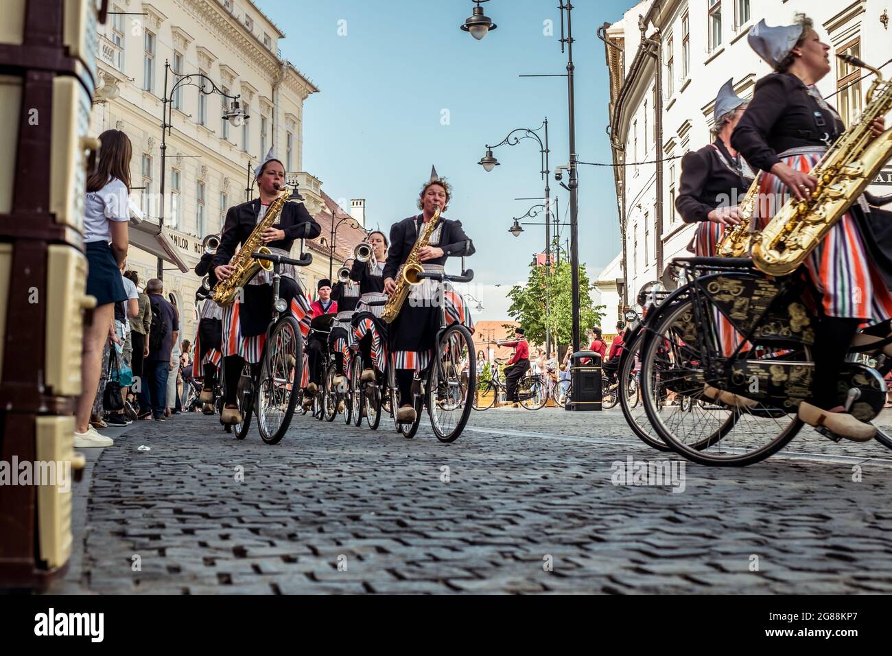 Sibiu City, Romania - 14 June 2019. Crescendo Opende Bicycle Band from Netherlands performing at the Sibiu International Theatre Festival from Sibiu, Stock Photo