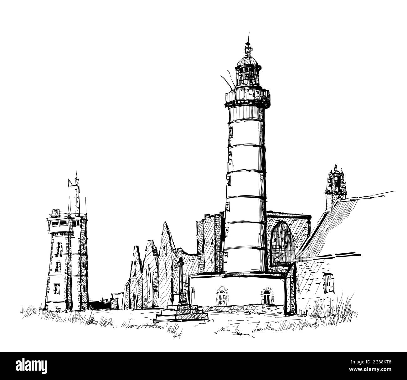 Drawing of Saint Mathieu lighthouse and old abbey ruins in Brittany ...