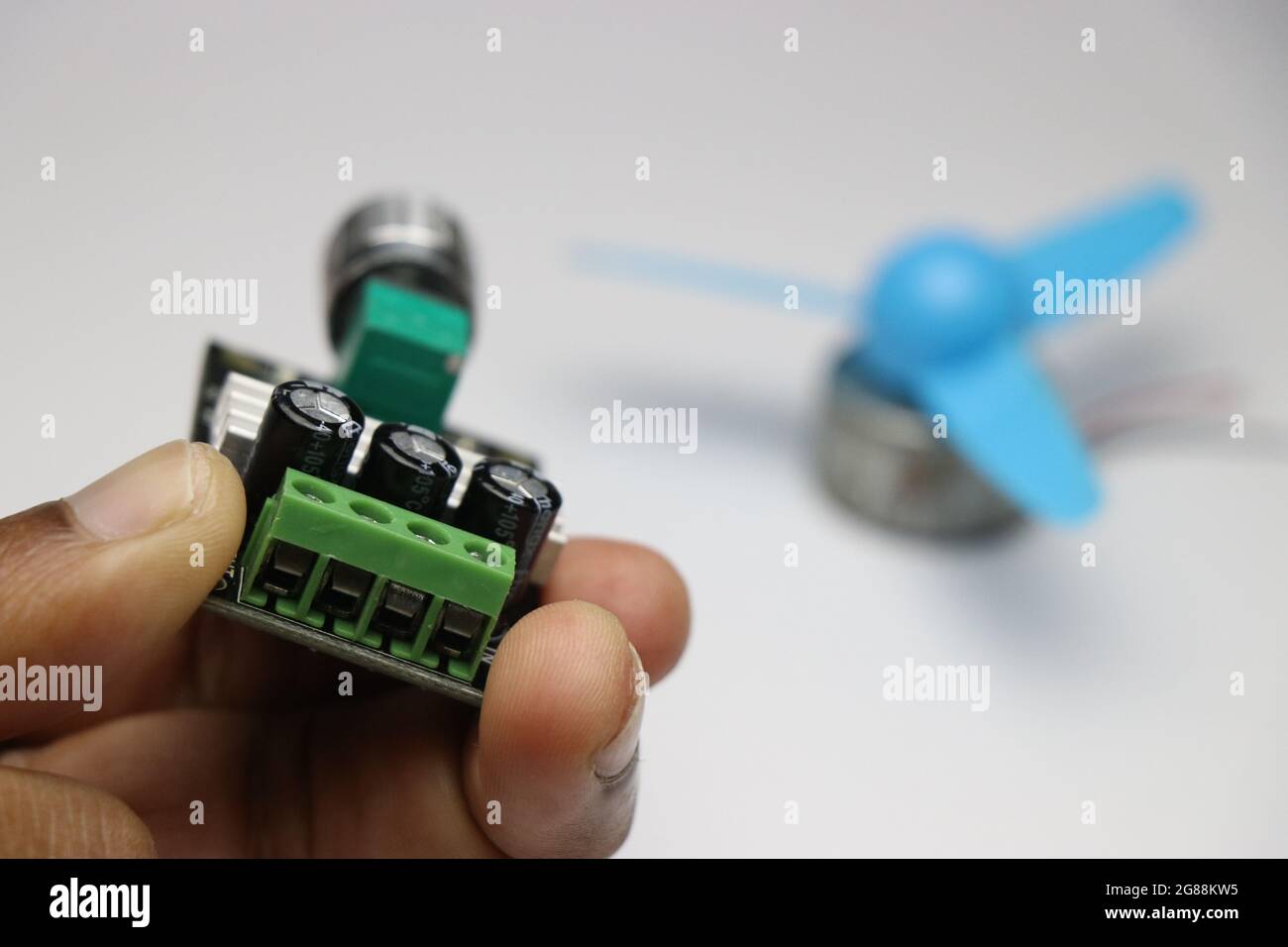 DC Motor speed controller board module with view of pins for wire