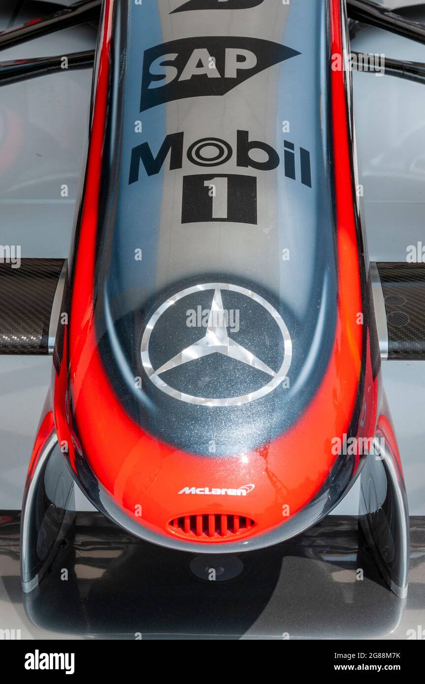 McLaren MP4/24 Formula 1, Grand Prix racing car at the Goodwood Festival of Speed 2013. Front nose detail with Mercedes logo, Mobil 1 sponsor Stock Photo