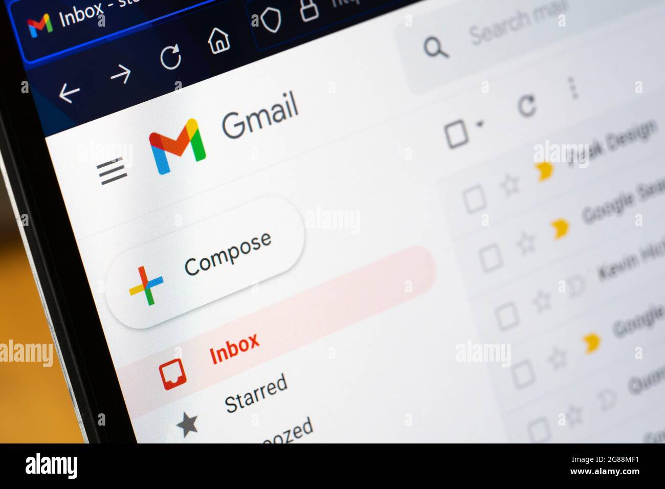 Closeup on a Google Gmail email account home screen in the Firefox web browser on a laptop computer screen Stock Photo