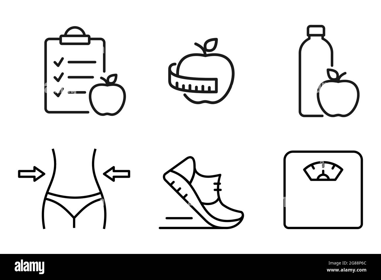 Fitness and healthy lifestyle line icon set. Diet and sport symbols. Losing weight concept. Apple, water bottle, checklist, running shoe. Vector Stock Vector
