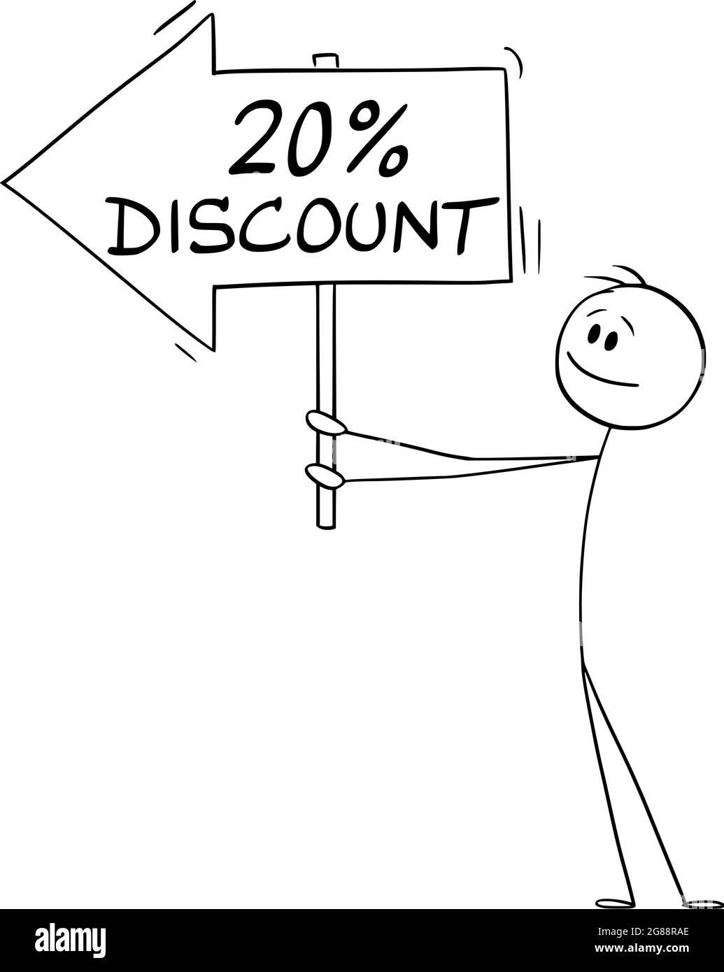 Person or Businessman Holding 20 or Twenty Percent Discount Arrow Sign and Pointing at Something, Vector Cartoon Stick Figure Illustration Stock Vector