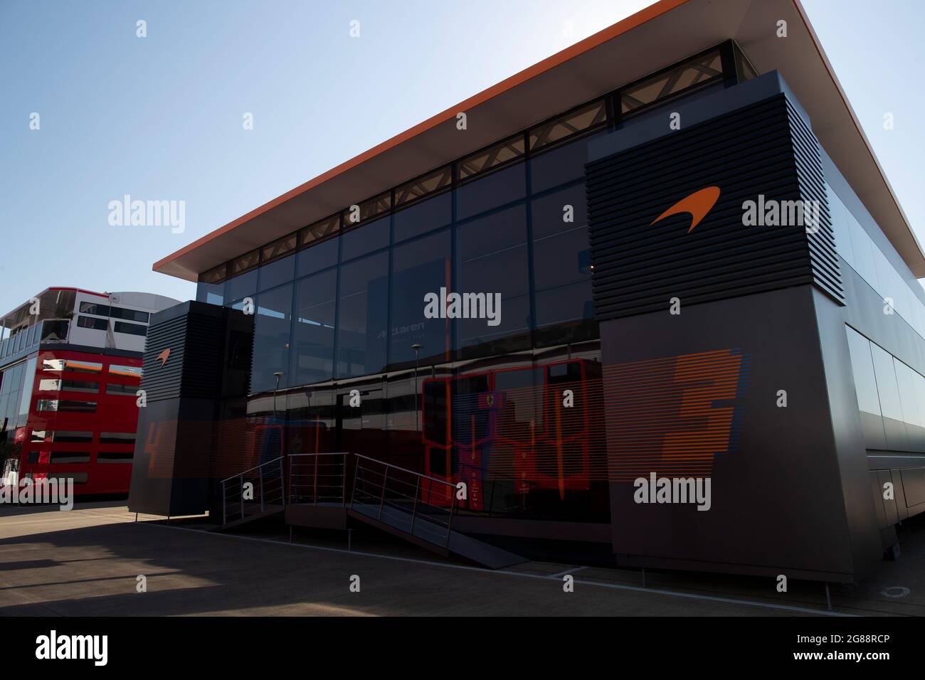 Silverstone, UK. 18th July, 2021. McLaren motorhome - Paddock atmosphere. British Grand Prix, Sunday 18th July 2021. Silverstone, England. Credit: James Moy/Alamy Live News Stock Photo